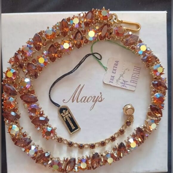 VTG SIGNED TRIFARI AB TOPAZ RHINESTONE GOLD TONE NECKLACE w/tags box 1960 - Picture 1 of 16